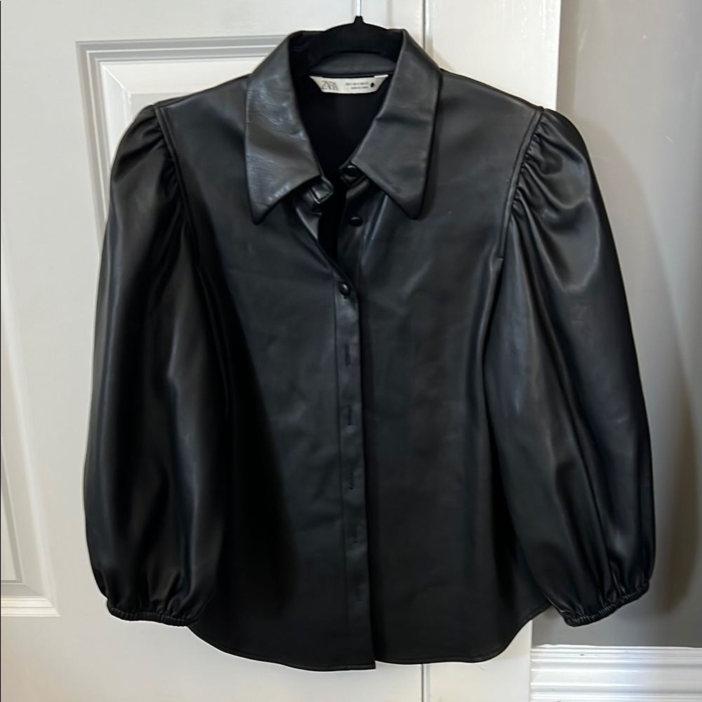 Black Faux Leather Puff Sleeve Shirt